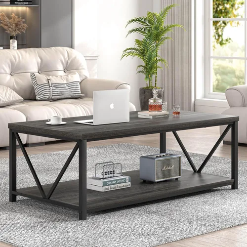 Vista 3 de FOLUBAN Mesa de centro con almacenamiento, mesas centrales pequeñas modernas para espacios pequeños, mesa de cóctel de madera rústica y metal