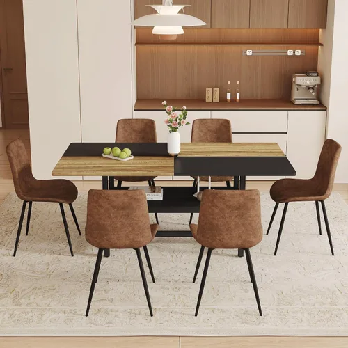 Vista 27 de Juego de mesa de comedor de 71 pulgadas para 6 personas con estante de almacenamiento, juego de mesa de comedor rectangular industrial moderna