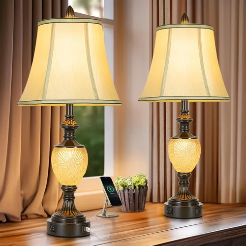 Vista 11 de Juego de 2 lámparas de mesa de noche con luz nocturna y puertos USB A+C, lámparas de mesa vintage de 27" de alto con acabado de hoja de plata