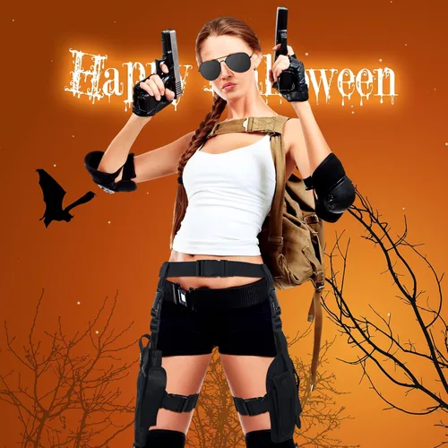 Vista 5 de Mepase 3 piezas de disfraz de Halloween para mujer, cosplay, pierna caída, ajustable, pistola, pistola, con bolsas para revistas, medio dedo, punk
