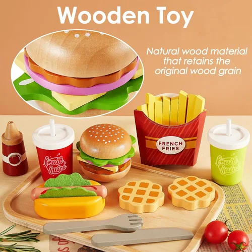 Vista 4 de Juego de accesorios de cocina con juguete de hamburguesa de comida rápida, plástico y madera, vajilla de cocina, juego de simulación, juguetes
