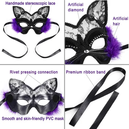 Vista 2 de Acekar Máscara veneciana de mascarada de lujo de gato negro máscara de encaje para vestido elegante, Navidad, Halloween, fiesta, niñas y mujeres