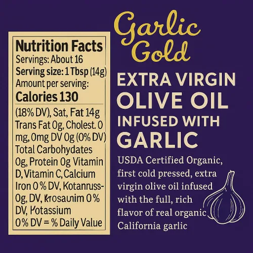 Vista 2 de Garlic Gold Aceite de oliva virgen extra infundido con ajo, certificado orgánico USDA premium, bajo FODMAP, prensado en frío (8.44 onzas líquidas)