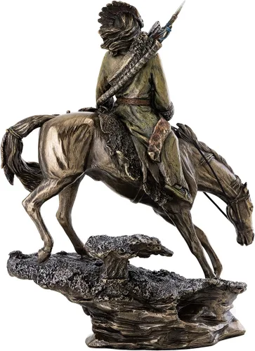 Vista 3 de Top Collection Plains Indian Riding Roans Horse in Snowy Road Estatua – Escultura indígena nativa americana en bronce fundido en frío de primera