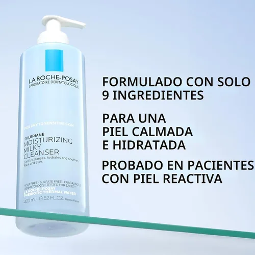 Vista 4 de La Roche-Posay Toleriane Limpiador lechoso hidratante, limpiador facial suave con glicerina para piel seca, sensible y propensa a alergias, lavado