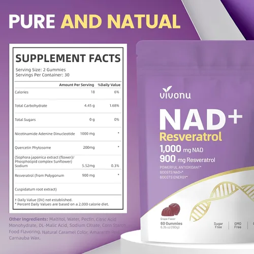Vista 7 de Suplemento NAD, gomitas de resveratrol NAD+, 60 unidades, ultra puras orgánicas - absorción mejorada - con 1000 mg de NAD y 900 mg de resveratrol