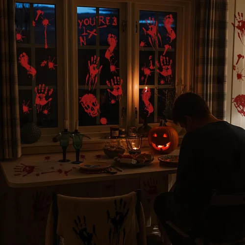 Vista 6 de Decoraciones de Halloween, 10 hojas de calcomanías de ventana de Halloween, huellas de mano sangrienta, huellas de calaveras, calcomanías