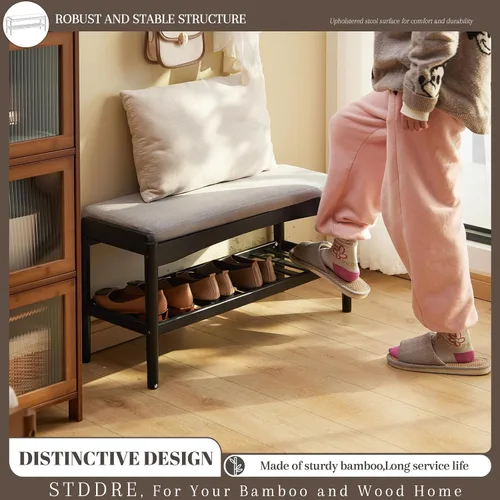 Vista 3 de STDDRE Banco para Zapatos de Entrada de Bambú de 2 Niveles Estante para Zapatos con Asiento Acolchado con Cojín, Organizador de Banco para Zapatos