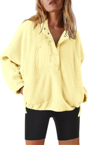 Vista 36 de Nirovien - Chaqueta de forro polar con capucha para mujer, manga larga, sherpa, sudadera mullida, abrigada, con botones y bolsillos Un rosa