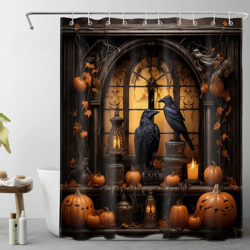 Vista 23 de LB Cortina de ducha de feliz Halloween para baño, flamenco rosa y calabaza naranja con sombrero mágico, cortina de ducha de tela con ganchos, juego