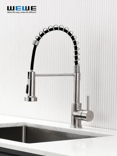 Vista 2 de WEWE Grifo de fregadero de cocina, grifos de cocina con rociador desplegable de acero inoxidable de una sola manija un solo agujero níquel cepillado
