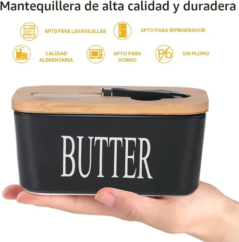 Vista 2 de Mantequillera de cerámica con tapa de madera, contenedor grande de mantequilla con esparcidor de cuchillo de acero inoxidable, cubierta de bambú