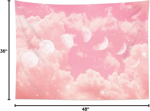 Vista 8 de LB Tapiz de fase lunar de nube rosa, nube pastel rosa y blanca con fase lunar para dormitorio, tapiz colgante de pared de paisaje natural, arte