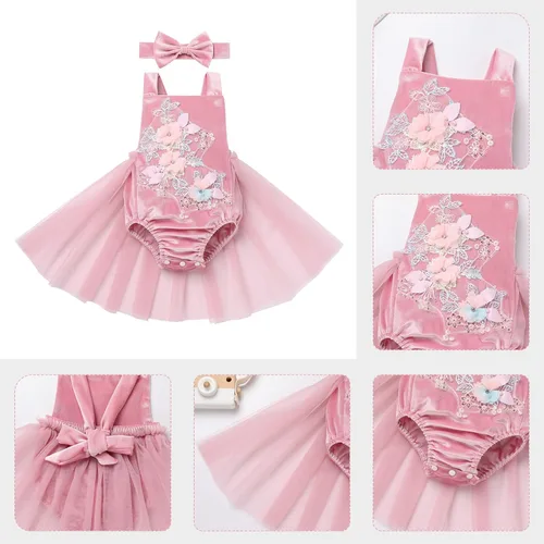 Vista 22 de Traje de bebé niña primer cumpleaños traje de encaje tul mameluco princesa tutú vestido de un año cumpleaños pastel Smash fotografía ropa
