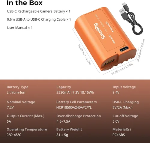 Vista 9 de SMALLRIG DMW-BLK22 USB-C Batería para Panasonic, 2520mAh 2.5H Carga Rápida Naranja