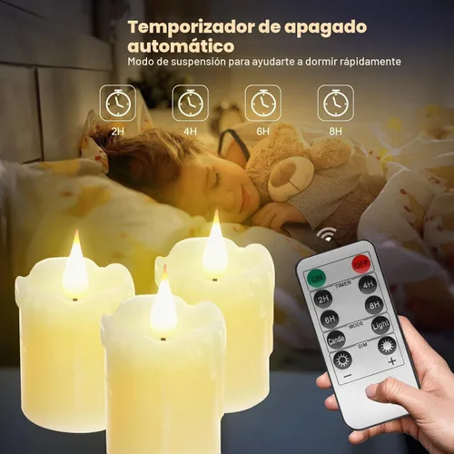Vista 5 de 3 PZS Velas LED de Cera Real Recargables Sin Llama, Blanco Cálido, Control Remoto, D2 x H4", Brillo Ajustable Parpadeante Operadas con Batería Velas