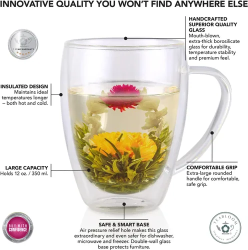 Vista 2 de Teabloom Vasos de doble pared, juego de 2 tazas de vidrio aisladas para té, café y más (12 onzas) - Colección Clear Bliss