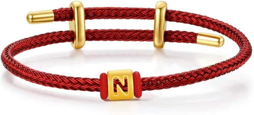 Vista 31 de ZHOU LIU FU Pulsera de Oro de 24K con Dijes de Iniciales, Pulseras Ajustables de Cadena Roja con Dijes de Letras y Corazón A-Z, Brazalete Apilable