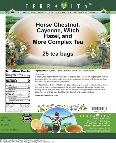 Vista 2 de Castaño de Indias, Cayena, Hamamelis y Té Más Complejo (25 bolsitas de té, ZIN: 517078) - Paquete de 3