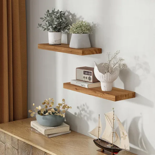Vista 5 de Fun Memories Estantes flotantes de madera de 24 pulgadas de largo, estantes de pared de madera de olmo rústico para granja, sala de estar, cocina