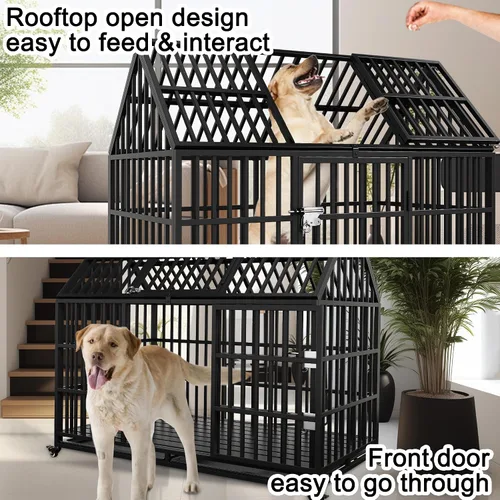Vista 4 de Jaula resistente para perros de 54 pulgadas, jaula para perros gigantes extra grandes con 2 puertas, ruedas con bloqueo, bandejas extraíbles, acceso