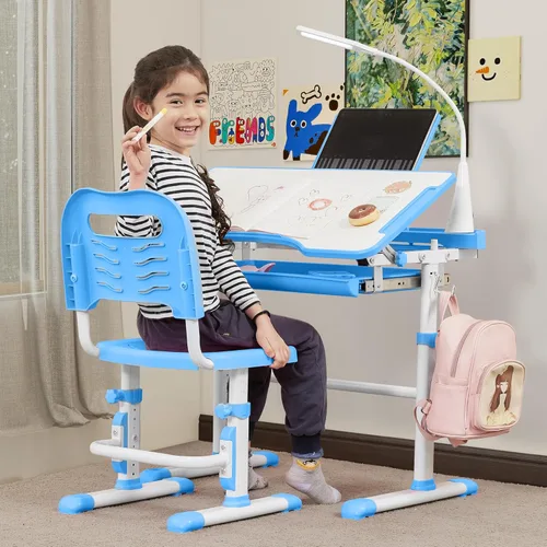 Vista 8 de SMAGREHO Juego de escritorio y silla para niños, mesas de escritura de estudio escolar para niños con altura ajustable con escritorio inclinable