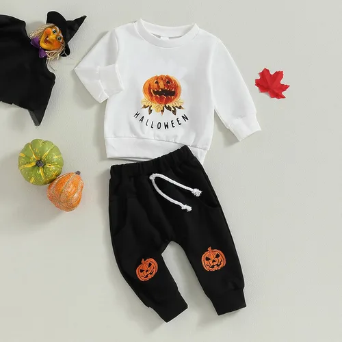 Vista 2 de Halloween Baby Boys' Pumpkin Long Sleeve Sweater Small Foot Pants Sports Two Piece Set 3 To 18 Baby Princess