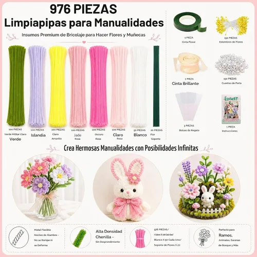 Vista 2 de Kit de flores de limpiador de tuberías rosas de 976 piezas, tallos Color rosa
