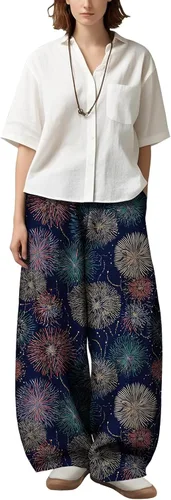 Vista 6 de Womens Wide Leg Firework Pattern Pants High Waist Cotton Blend Lantern Trousers Casual Summer Loungewear