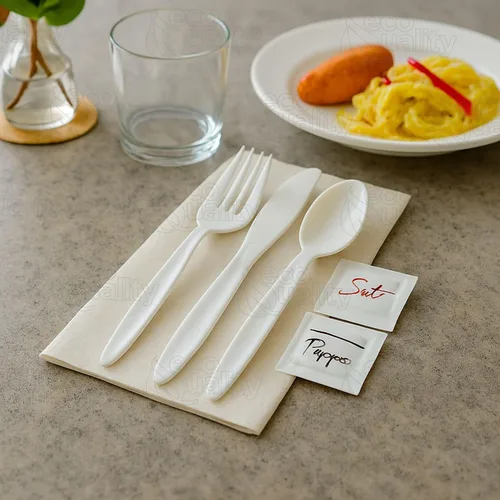 Vista 6 de Kit de cubiertos envueltos 6 en 1 – Tenedor/Cuchara/Cuchillo/Servilleta/Sal/Pimienta – Kit de cubiertos desechables, perfecto para el almuerzo