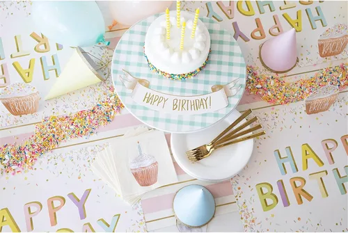 Vista 4 de Manteles individuales de papel de confeti de feliz cumpleaños, manteles individuales cuadrados desechables para fiestas, 18 hojas por bloc