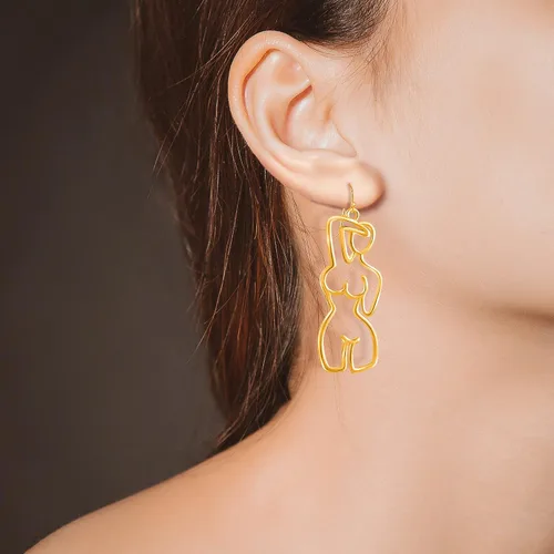 Vista 2 de Aretes colgantes de cara y cuerpo femenino, aretes de declaración estética dorada, joyería abstracta divertida para mujer