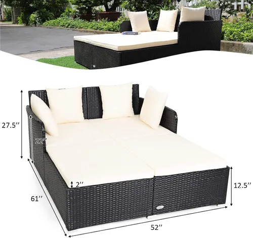 Vista 3 de COSTWAY Sofá Cama de Ratán para Patio Exterior, Sofá de Dos Plazas con Cojines de Esponja y 4 Almohadas, Muebles de Mimbre Cama Solar para Balcón