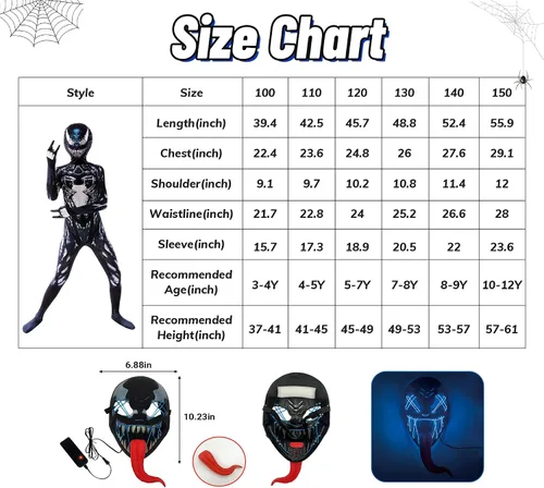 Vista 6 de PUNKSUIT Disfraz de superhéroe para niños, disfraz de elastano para Halloween, cosplay con máscara LED