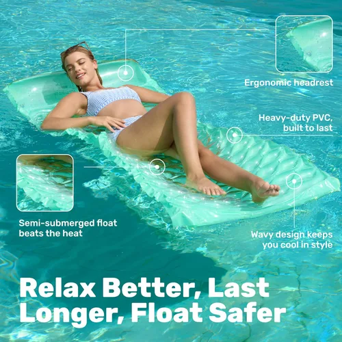Vista 4 de Sloosh Paquete de 3 alfombrillas inflables para piscina, colchón flotador, con reposacabezas, flotador de piscina para adultos, 64 x 32 pulgadas