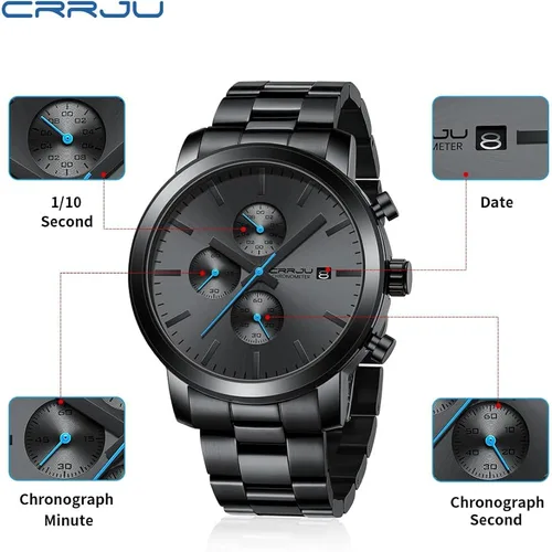 Vista 7 de CRRJU Relojes para hombres de lujo de acero inoxidable impermeable calendario cronógrafo analógico cuarzo relojes de pulsera
