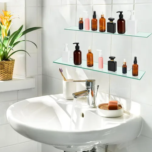 Vista 2 de Tatuo 2 piezas de 23.6 pulgadas estante de baño de vidrio templado para baño, acero inoxidable 304 estantes de vidrio flotante de montaje en pared