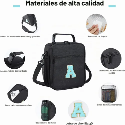 Vista 3 de ELEFOCUS Lonchera aislada con inicial para mujeres y hombres, bolsa de almuerzo personalizada con monograma con correa de hombro ajustable