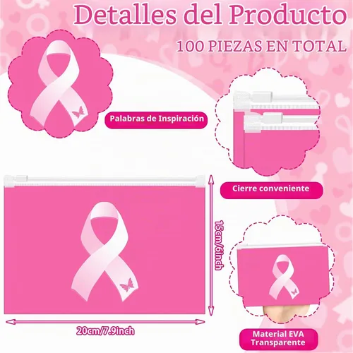 Vista 2 de Abbylike 100 bolsas de maquillaje para concientización sobre el cáncer de mama, bolsas de cosméticos a granel con cinta rosa, regalos