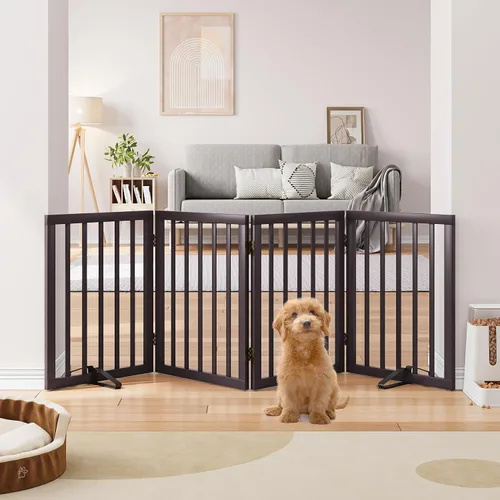 Vista 11 de Semiocthome Puertas de bambú para perros para interiores, puertas independientes de 2 paneles para cachorros para la casa con 2 soportes de metal