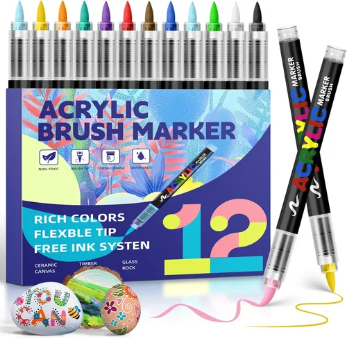 Vista 10 de GOTIDEAL - Marcadores de pintura acrílica, marcadores de pintura con pincel acrílico, marcadores de pintura sin sangrado para tela, madera, rocas