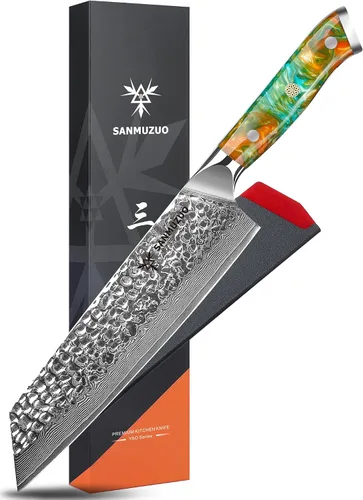 Vista 9 de Cuchillo Santoku de 7" - Cuchillo de chef japonés - Acero de Damasco martillado y mango de resina - Serie YAO