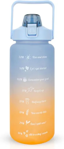 Vista 2 de Botella de agua motivacional grande con marcador de tiempo con popote sin BPA para deporte y fitness (64 onzas/medio galón) (azul-naranja)