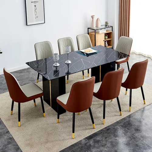 Vista 9 de Juego de mesa de comedor de vidrio de 71 pulgadas para 6, mesa de comedor para 6, mesa de vidrio templado con marco de MDF blanco y 6 sillas