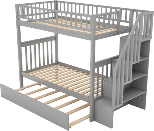 Vista 6 de Literas para niños con escalera, literas de madera maciza con barandilla completa Gris