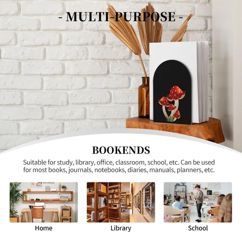 Vista 7 de Sujetalibros decorativos con forma de hongo negro para estantes, organizador de libros pesados, organizador antideslizante para libros