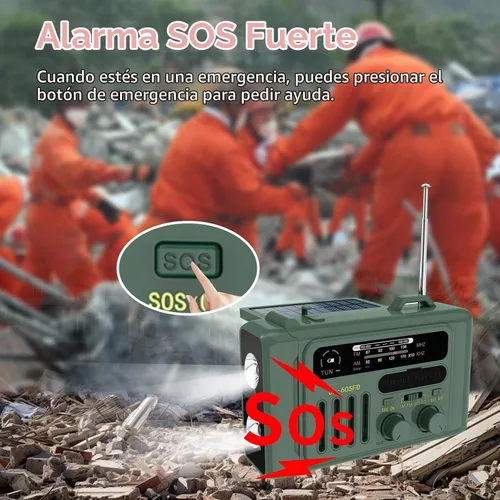 Vista 7 de Radio solar de emergencia con manivela, NOAA/AM/FM con linterna LED y lámpara de lectura, USB tipo C/carga solar/manivela, altavoz Bluetooth, alarma