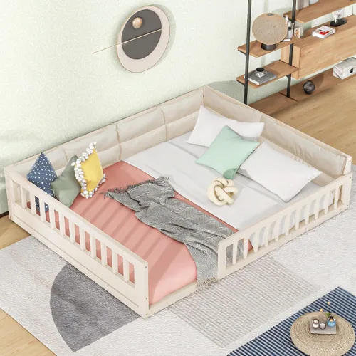 Vista 3 de Cama de plataforma de tamaño matrimonial con valla, plataforma tapizada de madera con barandilla y almohada, color beige