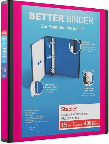 Vista 45 de Carpeta con anillos en forma de "D" de 1 pulgada para mejor visualización Staples, Negro