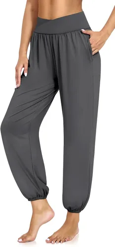 Vista 2 de UEU Pantalones deportivos de yoga con bolsillos para mujer, estilo harem cruzado, cintura alta, holgados, casuales, para descansar, para descansar
